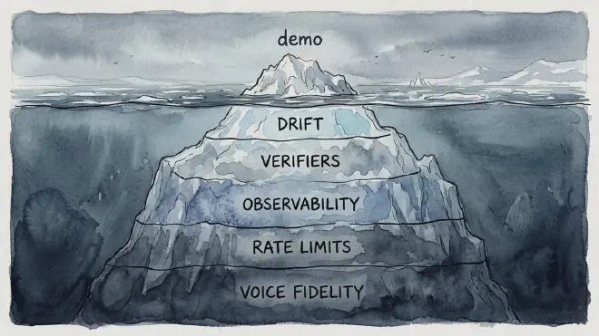 Iceberg cross-section: the demo above the waterline, drift / verifiers / observability / rate limits / voice fidelity below