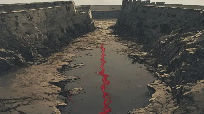 A drained castle moat with crumbling stone walls and a single ribbon of crimson red liquid running through the dry channel.